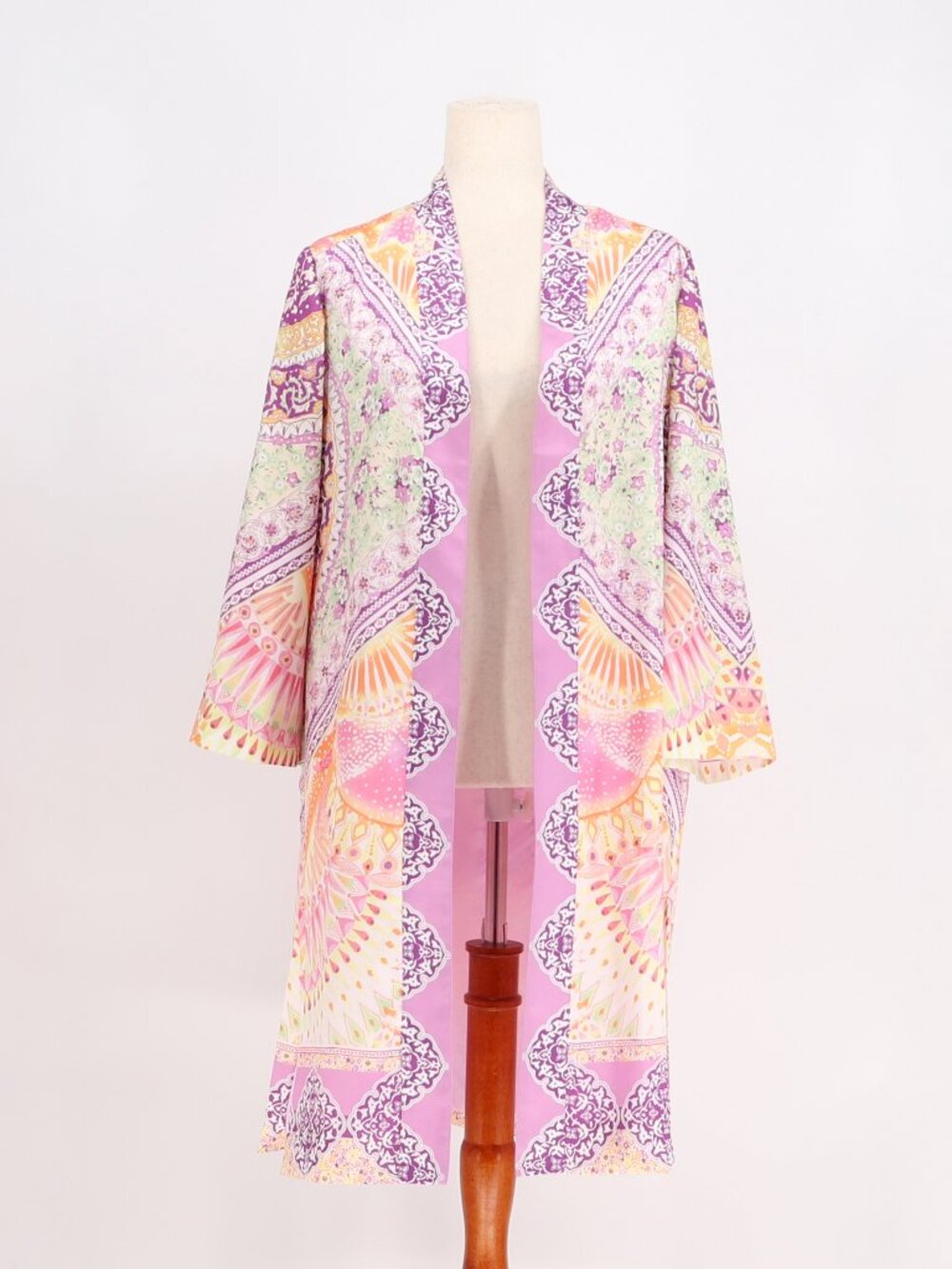 CHICO'S Coastal Tile Duster Floral Open Front Satin Jacket Size 1 (US8/10)